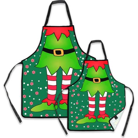 Lot de 2 tabliers de cuisine imperméables sur le thème des lutins de Noël, assortis parent-enfant, parfaits pour cuisiner, pâtisser et célébrer les fêtes de fin d'année. (1/5)