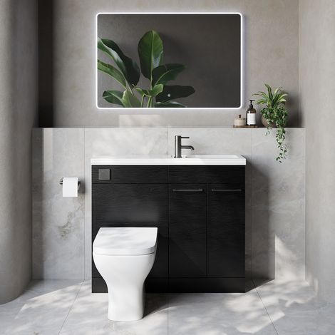 Napoli 250 Nero Oak 1000mm 2 Door Vanity Unit Toilet Suite with Square Silvo Basin - 1000mm - Gunmetal Grey 160mm HandleWith Kingston Toilet Pan and Seat
