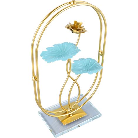 Ornement en fer en forme de feuille de lotus avec base en verre. Sculpture de feuilles en métal élégante et raffinée, idéale pour la décoration intérieure. (1/5)