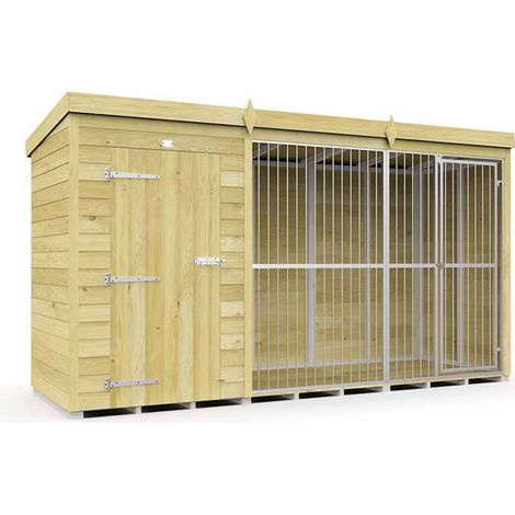 12ft X 4ft Dog Kennel and Run Full Height with Bars - Wood - L118 x W358 x H201 cm