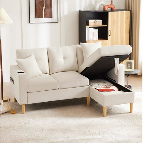 Canapé con chaise longue de tejido algodón y lino beige 175x129x90 cm, 3 plazas, con almacenaje y portavasos (1/5)