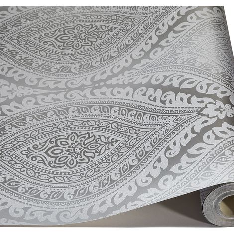 Grandeco Kismet Damask Pattern Wallpaper Metallic Glitter Motif Art Deco (Silver A17703)
