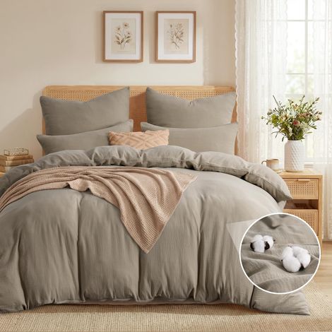 Parure de lit 4 pièces en mousseline de coton 135 x 200 cm - Taupe avec fermeture éclair - Housse de couette d'été respirante avec 2 taies d'oreiller 80 x 80 cm (1/5)