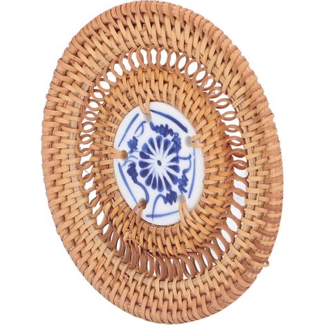 Vietnamesisches handgewebtes Set aus 10 Rattan-Untersetzern mit blauen Keramikeinsätzen, rund, 10 cm, Tassenuntersetzer (in Luftpolsterfolienbeutel verpackt) (1/5)