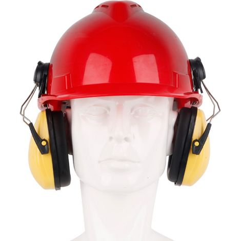Port de casques antibruit de type casque de sécurité pour la réduction du bruit sur les chantiers de construction, d'exploitation forestière, de découpe et de meulage  casques antibruit jaunes. (1/5)