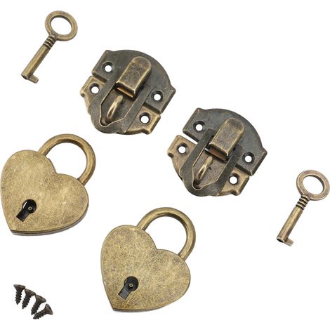 2er-Set Vorhängeschloss-Set mit Holzbox, antik, aus Zinklegierung, bestehend aus Riegelverschluss und herzförmigen Vorhängeschlössern mit Schlüsseln, Bronze (1/5)