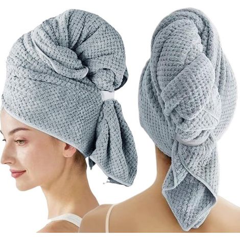 Asciugamani in microfibra per asciugare i capelli - Confezione da 2 con elastico - Asciugatura rapida - Super assorbenti - Adatti a capelli lunghi, spessi e ricci (grigi) (1/5)