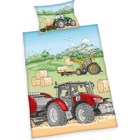 Parure de lit Tractor, fabriquée en vert, taie d'oreiller environ 40 x 60 cm, housse de couette environ 100 x 135 cm, avec fermeture éclair lisse, 100 % coton/renforcé (1/5)