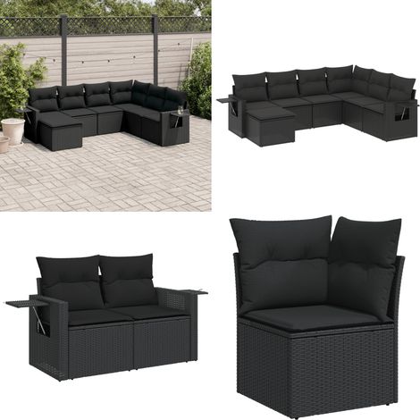 Salon de jardin 7 pcs avec coussins noir résine tressée - Salon De Jardin - Meuble Extérieur - Set Salon - Résine Tressée - Rotin Synthétique - Home & Living (1/5)