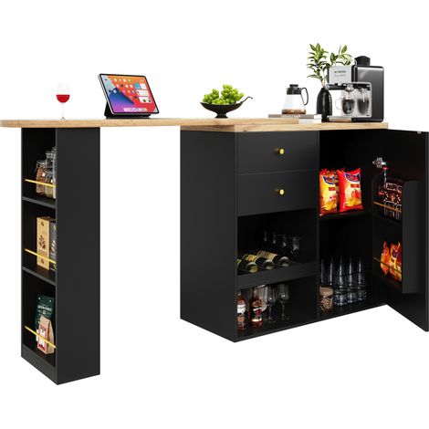 Meuble bar pivotant avec 4 tiroirs, rangement ouvert 3 niveaux, MDF noir au design 360°, gain de place pour salon, bureau ou salle à manger, de CHICFURN (1/5)