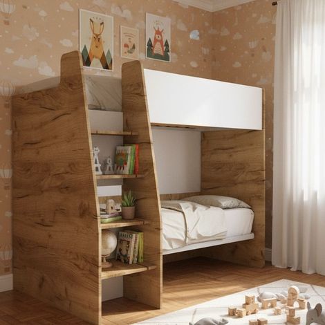 Letto a castello salvaspazio con scaletta frontale - Montaggio facile - Quercia e Bianco