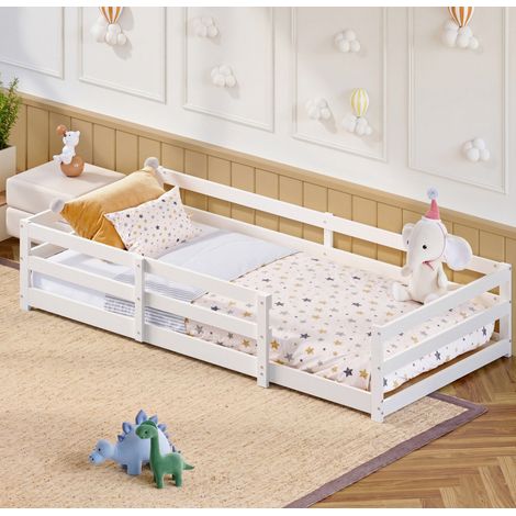 Cama Montessori infantil de pino macizo blanco 90x200 cm con barandillas de seguridad en 4 lados y somier de láminas