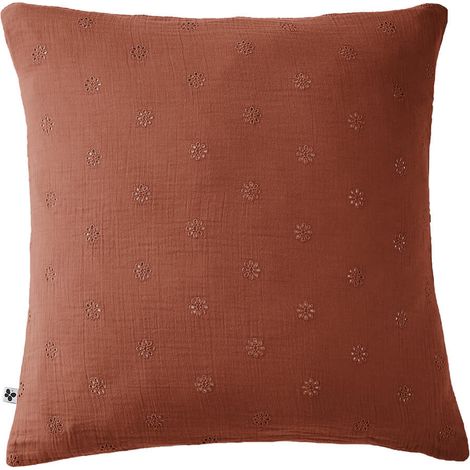 OUREA MOTIF - Taie d'Oreiller 60x60cm Gaze de Coton Terracotta à Fleurs Ajourées (1/5)
