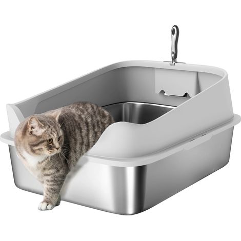 Bac à litière pour chat, en acier inoxydable, design semi-fermé, GRIS (1/2)