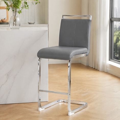 MEUBLIV Lot de 2 tabourets de bar gris – PU et métal, dossier, repose-pieds (1/5)