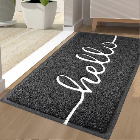 Tapis de couloir « Bonjour » - Paillasson fin et résistant pour l'extérieur, l'intérieur, l'entrée, le patio, la porte d'entrée et la porte de derrière (45 x 75 cm, noir) (1/5)