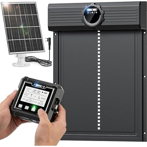 Wireless Solar Automatic Chicken Coop Door Aluminium Chicken Coop with Light Sensor, Timer, Waterproof LCD Screen, Anti-Pinch Function, Black (1/5)