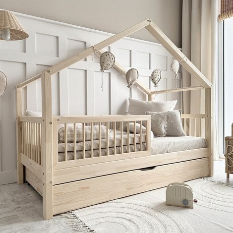Cama cabaña 90x190 barandilla somier y cajón incluidos Rosalie Madera (1/4)