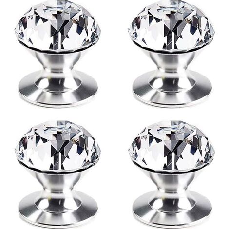 Lote de 4 pomos adhesivos de cristal y aluminio para muebles. Tiradores autoadhesivos para armarios, puertas correderas y cajones. Pomos de cristal transparente para cajones. (1/5)