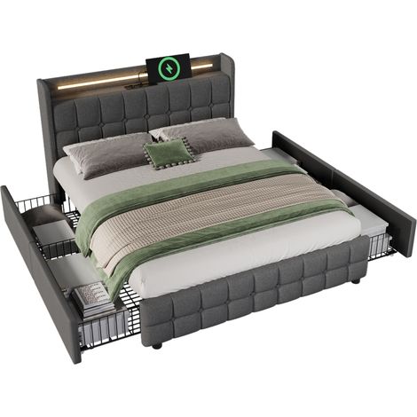Lit double 180x200 avec LED, prises et USB, 4 tiroirs de rangement, tête de lit capitonnée en tissu gris, sommier à lattes inclus – CHICFURN (1/5)