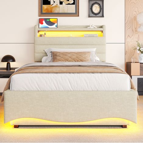Lit rembourré 90x200 cm beige en lin, avec LED, coffre relevable hydraulique et ports USB/Type-C (1/5)