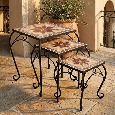 3er Set Hocker Beistelltische Garten schwarz bunt Keramik Stahl Mosaik Blumen (1/5)