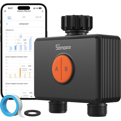 SONOFF SWV-ZF2E Hydro DUO Zigbee 2-Zonen Bewässerungscomputer, Messinganschluss, IP65, Type-C & 4×AA, wetteradaptive Bewässerung mit Durchflussmesser, Zigbee-Hub erforderlich, Home Assistant
