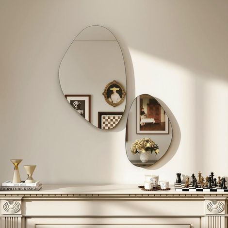 Specchio da parete 2 pezzi 70 x 46 cm e 49,5 x 31 cm, forma ciottolo, cornice in metallo nero (1/5)