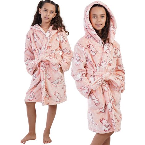 Bata de baño infantil para niñas con capucha, estampado de conejos, de felpa, cálida, 7/8 128 (1/5)