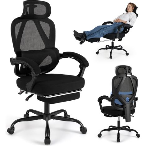 Chaise de bureau ergonomique à haut dossier en maille avec repose-pieds rétractable - noir (1/5)