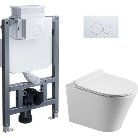 HOROW WC sospeso 82 cm senza brida, set completo con telaio ad incasso, cassetta e piastra bianca (1/5)