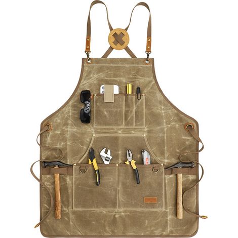 Sollbry Delantal de taller de carpintería, delantales de trabajo de lona encerada para hombres y mujeres con bolsillo acolchado y correas, delantal de lona para asar a la parrilla y barbacoa, delantal (1/5)