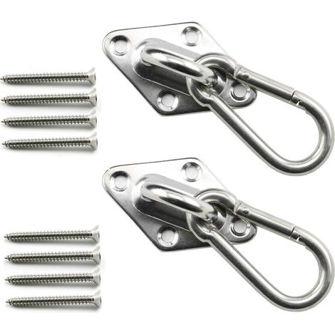 Set di 2 ganci di sospensione M8 per soffitto e parete, in robusto acciaio inox, multifunzionali, per amaca e altalena, con piastra di base a forma di diamante e moschettone.