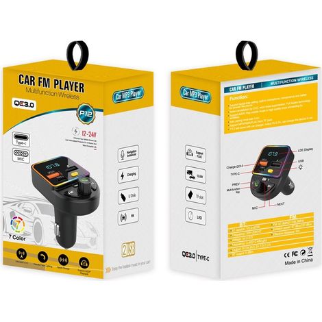 P12 FM-Transmitter fürs Auto, Bluetooth-Freisprecheinrichtung, QC3.0-Schnellladefunktion, MP3-Player, Musikwiedergabe – P12 mit Verpackung (1/3)