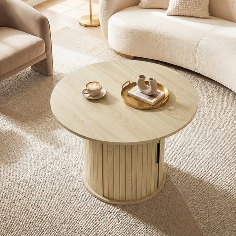 Runder Couchtisch, Wohnzimmertisch mit Stauraum, Schiebetür mit Lamellen, 2 Ablagen, Holzoptik