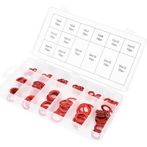 150 rondelles isolantes en fibre de papier et acier rouge, assortiment de 14 tailles, en boîte. (1/5)