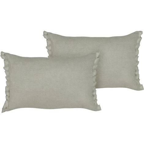 Lot de 2 Coussins Décoratifs Modernes avec Franges et Nœuds 30x45 cm en Lin Gris Clair Sassafras