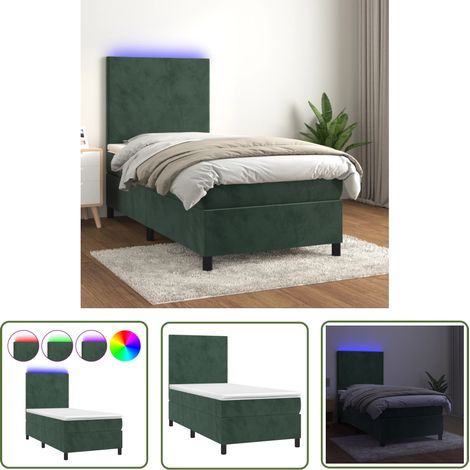 The Living Store Sommier à lattes de lit avec matelas et LED Vert foncé 90x200cm - Lit Plateforme - Lit Capitonné - Lit Design - Lit Velours - Lit Avec Rangement (1/5)