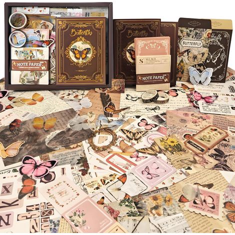 Set de scrapbooking avec autocollants vintage et carnet, 394 pièces, design papillon (1/4)