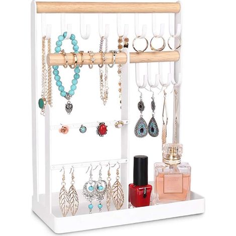 Porte-bijoux, présentoir à bijoux avec étagère pour ranger colliers longs, bracelets, bagues, montres et accessoires - Blanc (1/5)