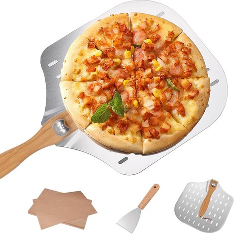 Spatule à pizza, plaque à pizza perforée 35,5 x 30,5 cm avec manche pliable, 20 feuilles de papier sulfurisé, accessoires indispensables pour les pizzaïolos