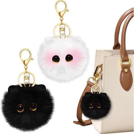 Set di 2 portachiavi a forma di gatto in peluche, bianchi e neri, accessori per borse e zaini più venduti, simpatici portachiavi decorativi per donna (1/5)