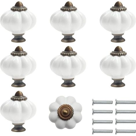 Bouton Ceramique Meuble Blanc et Bronze avec Vis en Forme de Citrouille (Lot de 8) - 3 x 3.5 cm - Bouton de Meuble Rond Vintage - Pour Maison, Bureau, Armoire de Cuisine, Tiroirs et Placard (1/5)