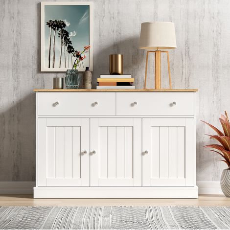 Credenza 120x36x80.5 cm bianco e finitura legno in truciolare con 3 ante, 2 cassetti e superficie goffrata (1/5)