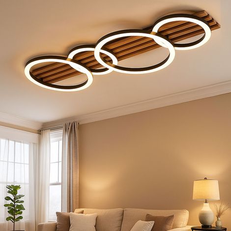LED Deckenlampe Schlafzimmerlampe Deckenleuchte Wohnzimmerlampe Holzlampe Ringe Design braun, 30W 1500lm warmweiß, LxH 86 x 9,5 cm