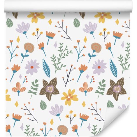 Papier peint Fleurs sauvages blanc et gris clair pour salon et chambre 50x1000 cm (1/5)