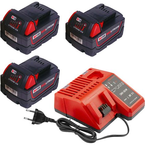 Powerwings – Pack de 3 batteries lithium 18V 5,0Ah – Chargeur M12/M18 inclus – Compatible avec Milwaukee M18B, M18B2, M18B4, M18BX – Charge rapide