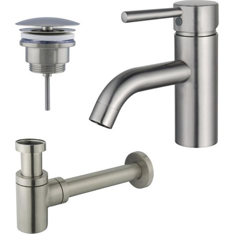 FugaFlow Eccelente Sobrado Kit mitigeur lavabo - robinet bas - bonde non-obturable - siphon design bas - PVD Inox brossé (1/4)