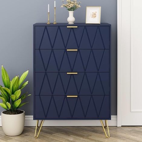 UEV Cassettiera 4 Cassetti, Como Camera da Letto in Legno, Maniglie e Gambe Dorate, Mobile per Soggiorno, 34P x 60l x 91H cm, Blu (1/5)
