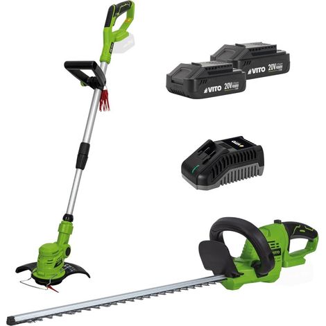 Pack 2 outils 20V Coupe Bordure + Taille Haies + 2 Batteries Lithium 2.0Ah + Jeu de 20 lames + Chargeur VITO